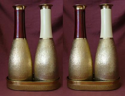 GERALD BENNEY Two Pairs Silver & Enamel Wine Carafes on Double Coasters